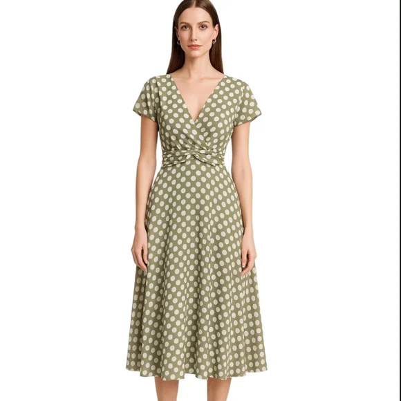 Connected Apparel Olive Polka Dot Midi Dress - Picture 1 of 7